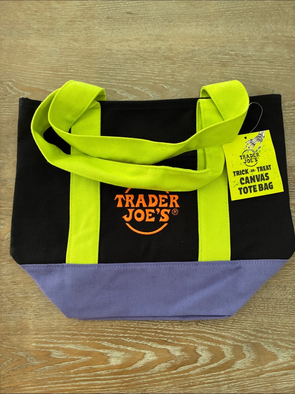 Trader Joe's Mini Black Canvas Tote with Neon Green Straps and Lavender Base